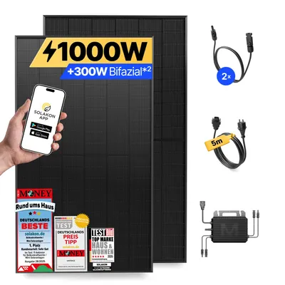 Produktbild von Balkonkraftwerk 1000W Solaranlage Steckerfertig Komplettset Photovoltaik Anlage 800W, Kabellänge: 5m, Solakon - onBasic