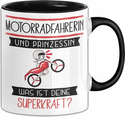 Produktbild von Motorradfahrerin Und Prinzessin Tasse Geschenk Für Eine Motorradfahrerin Geburtstag Was Ist Deine Superkraft (Schwarz)