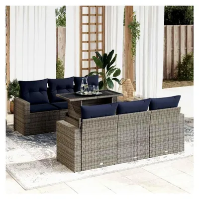 Produktbild von Gartensofa-Set 7-teilig mit grauen Kissen aus Polyrattan und Akazie für den Außenbereich