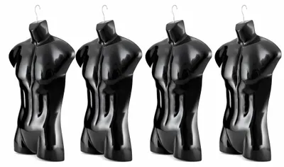 Obrázek produktu pro Sada 4 ks: Pánský torzo – 77 cm, plastové torzo pro muže – poloplastová horní část těla v černé barvě – figurína – polokorpus pánského těla – figurína s háčky – 4 ks dekorativních torz