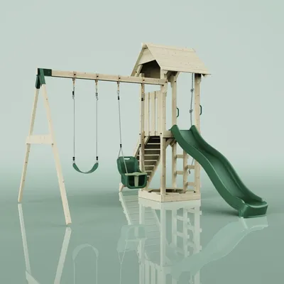 Produktbild von OutdoorToys Spielturm mit Wellenrutsche und Kinder-Schaukel, Outdoor Klettergerüst Garten, Ausführung: Babyschaukel, Farbe: Smaragdgrün Babyschaukel