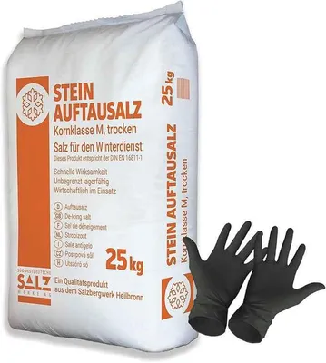 Produktbild von 25 kg Auftausalz / Streusalz KL-M Premium – Winterstreumittel gegen Eis, Frost und Glätte, inklusive 1 Paar Arnomed Einweghandschuhe