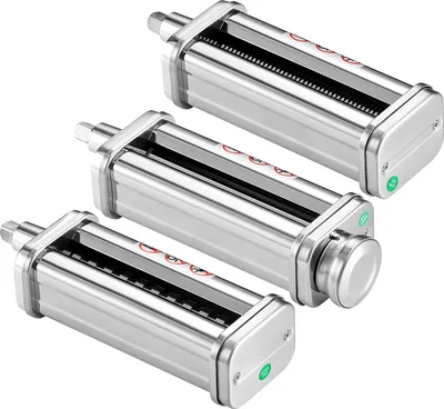 Three stainless steel pasta maker attachments for a stand mixer.