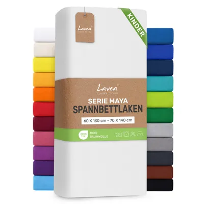 Zdjęcie produktu dla Lavea® Prześcieradło na gumce dla dzieci, 60x130 cm - 70x140 cm, wzór Maya, 100% bawełna – Miękkie, oddychające prześcieradło do materacy o grubości do 12 cm - Białe