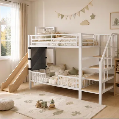 Obrázek produktu pro STILVORA Kovové patrové lůžko 90 x 200 cm se skluzavkou a schody s úložným prostorem, dětská postel s bezpečnostními mřížkami a integrovanými policemi, prostorově úsporný rám postele do dětského pokoje, bílá