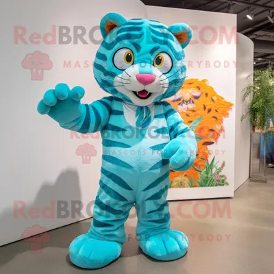 Produktbild von Türkisfarbener REDBROKOLY Tiger Maskottchen Kostüm charakter bekleidet mit einem Playsuit und Ringen