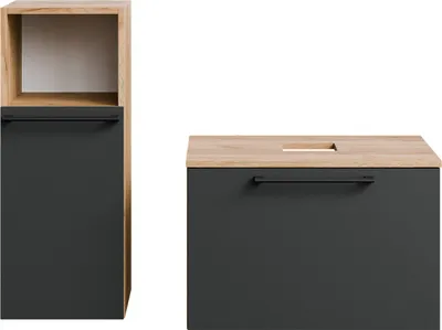 Produktbild von Planetmöbel Waschtischunterschrank Astra 60 cm Gold Eiche/Anthrazit mit Midischrank – Modernes Badmöbel Set ohne Waschbecken