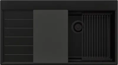 Produktbild von PRIMAGRAN Spülbecken Alles Schwarz 90x50cm, Granitspüle 1 Becken + Ablauf-Set + Küchenzubehörset, Küchenspüle ab 60er Unterschrank - Sydney