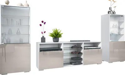 Produktbild von Vladon Wohnwand Granada, Anbauwand bestehend aus 2 Vitrinen und 1 TV-Board, Weiß matt/Sandgrau Hochglanz (286 x 122,5 x 35 cm)