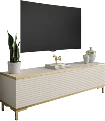 A TV stand with a television on it, and decorative items.