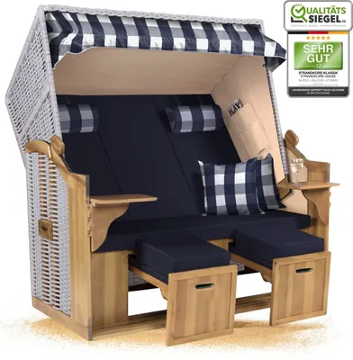 Produktbild von Strandkorb Ostsee 2,5-Sitzer 150cm breit in Beige Weiß Blau Kariert Montiert ideal für Balkon, Terrasse oder Garten