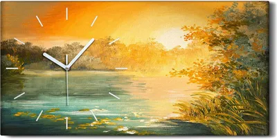 A painting of a lake at sunset with a clock integrated into the artwork.