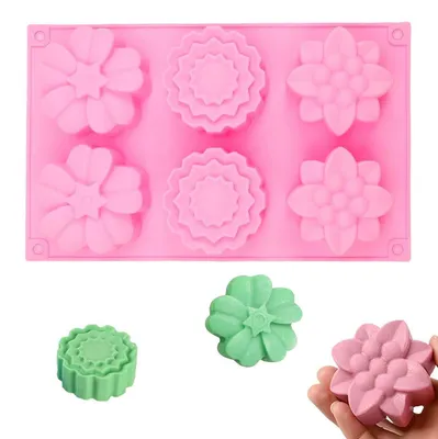 Image de Moules en silicone pour savon, 6 cavités avec motif floral, pour la fabrication de savons, de gâteaux, de chocolats