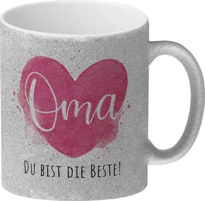 Produktbild von Beste Oma Glitzer-Kaffeebecher mit Spruch Oma Du bist die Beste