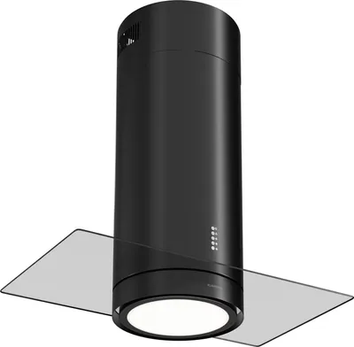 A black cylindrical range hood with a glass shelf, shown against a white background.