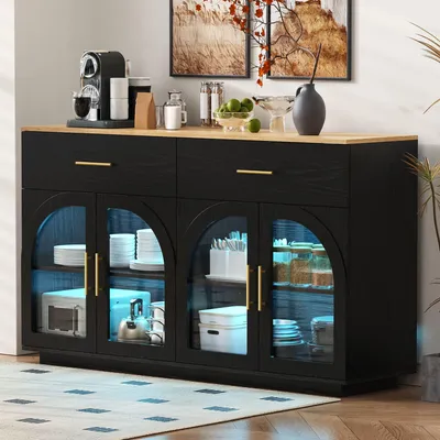 Immagine prodotto di Mobiletto contenitore per cucina Merax con striscia LED, armadietto da cucina con 2 cassetti e 4 ante, piano di lavoro, ripiani interni, mobiletto buffet, colore nero e finitura effetto legno