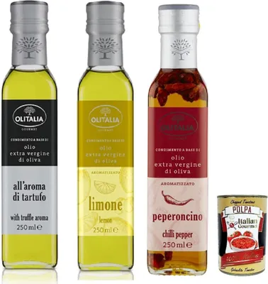 Produktbild von Olitalia Olio Condimento a Base di olio extra vergine di oliva all'aroma test set, Extra Natives Olivenöl geschmack 3x 250ml + Italian Gourmet polpa 400g