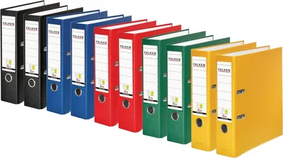 Image de Falken Original pack de 10 classeurs en plastique PP-Color. Fabriqué en Allemagne. 8 cm de large DIN A4 Vegan couleurs assorties 2x noir, bleu, rouge, jaune, vert Classeur à lettres Classeur de bureau