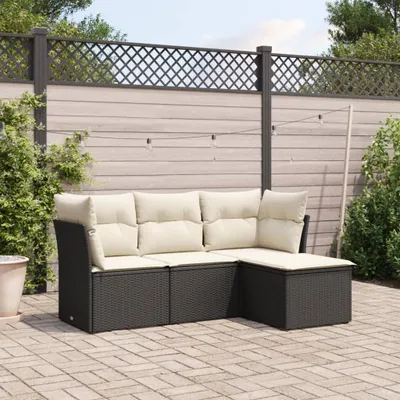 Image de vidaXL Ensemble de salon de jardin 4 pièces avec coussins noir poly rotin