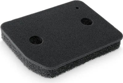 A black foam dryer filter with two circular holes and a smaller circular indentation on a white background.