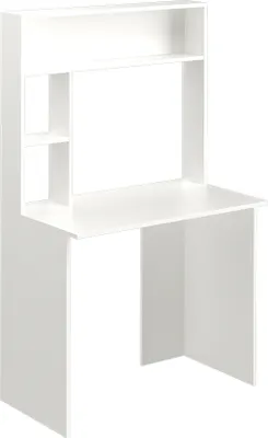A white desk with an overhead shelf and cubbies, isolated on a white background.