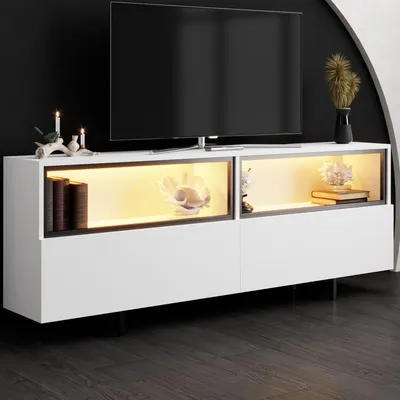 Produktbild von Skye Decor, Hochwertiger TV-Ständer, 180 cm, Weiß | 100% melaminbeschichtete Spanplatte, 18 mm dick | Metallbeine, 12 V Beleuchtung, elegantes modernes Design, zerlegbar.