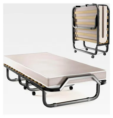Produktbild von Klappbett 90x200 cm für Erwachsene, klappbares Gästebett mit Matratze, Faltbett mit 4 Rollen, Einzelbett mit Lattenrost, Metallbett bis 120 kg belastbar