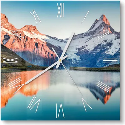 Produktbild von DEQORI Glasuhr 30x30 cm Römisch 'Bachalpsee vor Alpen' Wanduhr Glas Uhr Design leise