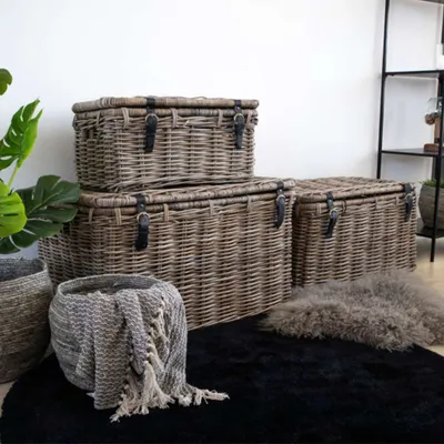 Produktbild von 3 tlg.Truhen-Set KOPED Kubu-Rattan + Ledergriffen