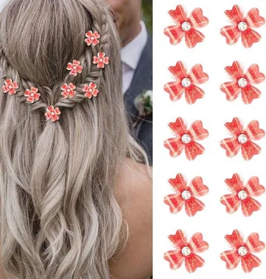 Produktbild von Mini-Haarclips mit roten Blumen und Glitzersteinen, kleine Haarclips mit vierblättrigen Blumen, dekorative Haarclips, Braut-Haarclips und Braut-Haaraccessoires.