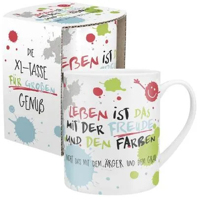 Obrázok produktu pre Hrnček Happy Life 45358 XL s potlačou motívu: "Život je o radosti a farbách. Nie ten s hnevom a sivou", s darčekovým obalom