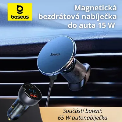 Obrázek produktu pro Magnetická bezdrátová nabíječka do auta 15 W s 65 W rychlonabíječkou – 2 v 1 Qi nabíječka & magnetický držák, 360° nastavitelná