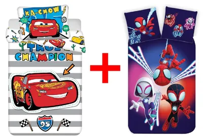 Produktbild von Pixar Cars Lightning McQueen + Marvel Spidey Amazing Friends Spider-Man Kinderbettwäsche, Bettdecke 100 x 135 cm, Kopfkissen 40 x 60 cm, 100 % Baumwolle