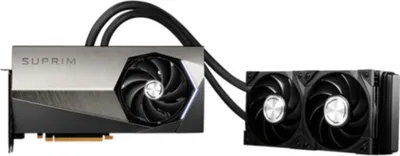 A computer graphics card with a liquid cooling system, shown against a white background.