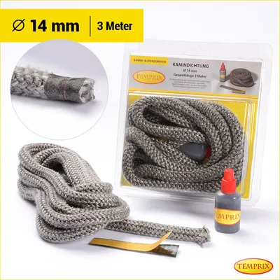 Produktbild von Temprix Kamindichtung & Ofendichtung Ø 14 mm - 3 Meter inkl. Kleber | feuerfeste Ofenschnur, Kaminschnur & Dichtband bis 650°C temperaturbeständig | Dichtung für Kamin, Ofen & Grill