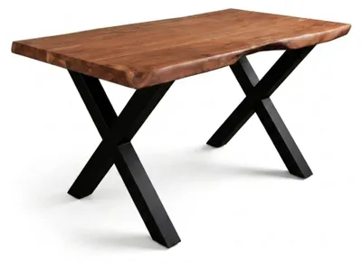 Produktbild von Baumkantentisch Cali 160 x 85 cm, Akazienholz massiv nussbaumfarben, 50 mm Tischplatte, Esstisch mit X-Metallgestell Schwarz, Industrial-Design