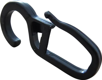 A black plastic curtain hook is shown against a white background.