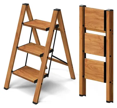 Produktbild von Trittleiter 3 Stufen klappbar Aluminium Holzoptik