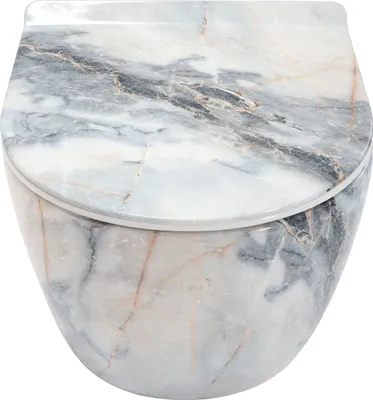 A toilet with a marble pattern.