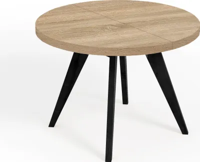 A round dining table with a wood-grain top and black legs, shown from a slightly elevated angle against a white background.