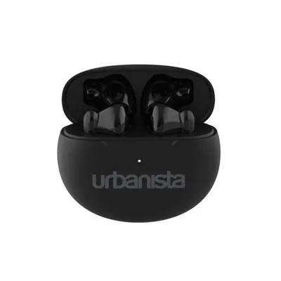 A pair of black Urbanista wireless earbuds in their charging case, with the lid open.