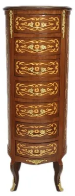 Image de Commode Casa Padrino style baroque, en bois de noyer avec incrustations, finition dorée, 7 tiroirs, forme arrondie, style antique, dimensions : 120 x 45 x 45 cm