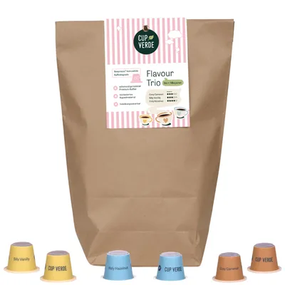 Produktbild von CUP VERDE – 80 nachhaltige Kaffeekapseln FLAVOUR MIXPAKET - kompatibel mit Nespresso* 3 Sorten - HASELNUSS - VANILLE - KARAMELL - heimkompostierbar