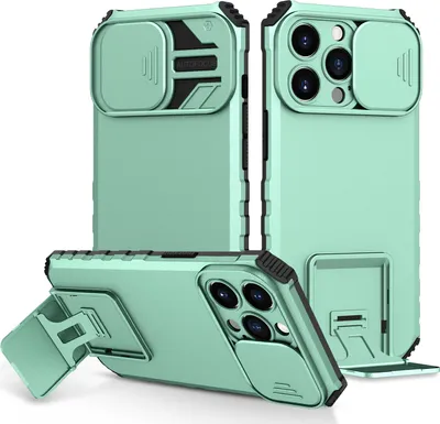 Image de Étui pour iPhone 13 Pro étui de protection militaire double couche avec béquille et protection coulissante de l'appareil photo Turquoise