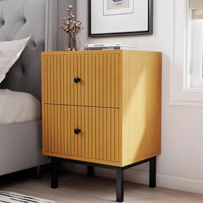 Immagine prodotto di Tavolino da notte con 2 cassetti, struttura in legno e gambe in metallo, dimensioni 40x33x58 cm