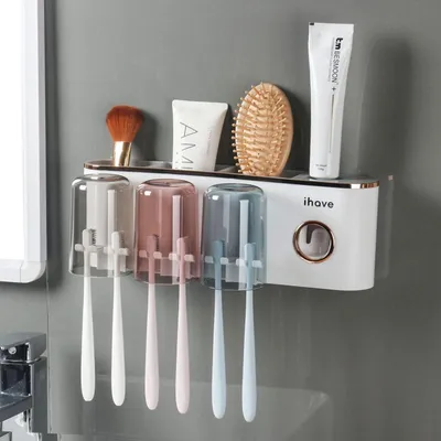 Produktbild von Zahnbürstenhalter Wand mit Zahnpastaspender und 3 Bechern, ohne Bohren, Weiß Gold