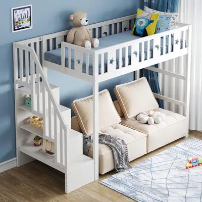 Produktbild von Flieks Etagenbett 90x200cm mit Treppe, Kinderbett mit Rausfallschutz und Lattenrost, Hochbett Einzelbett Stockbett Klassisches Kinderbett, Weiß