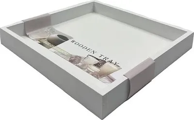 A white wooden tray is shown from a diagonal angle against a white background.