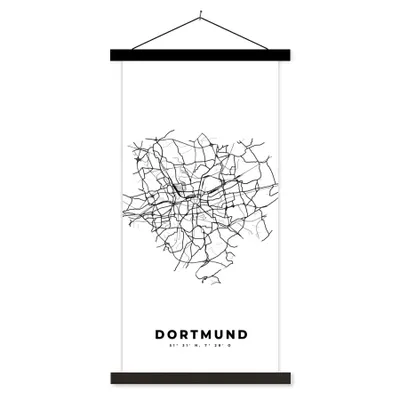 Produktbild von MuchoWow® Textilposter Stadtplan - Deutschland - Schwarz und weiß - Dortmund - Karte 90x180 cm mit schwarzem Rahmen - Dekoration Wohnzimmer