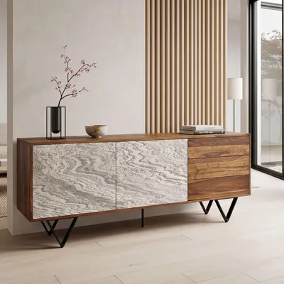 Produktbild von FineBuy Sideboard Sheesham Massivholz 175 cm 2 Türen & 3 Schubladen - Massive Retro Kommode Steinoptik - Design Natur Anrichte - Handdustrial